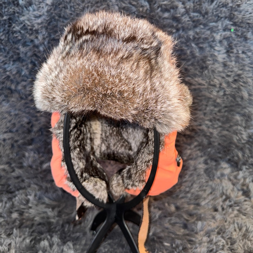 Mad Bomber Trapper Hat XL Blaze Orange Nylon Winter Hunting Cap Real Rabbit Fur